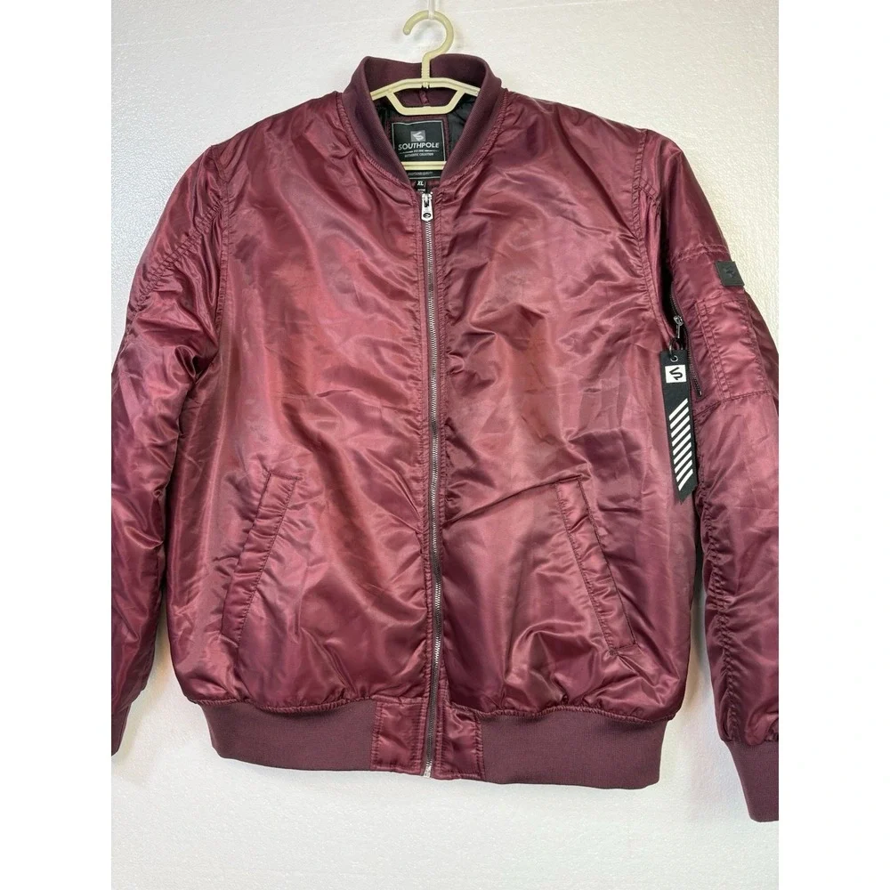 Southpole Mens Bomber Jacket Full Zip Puffer Coat Sz XL Y2K Burgundy Satin